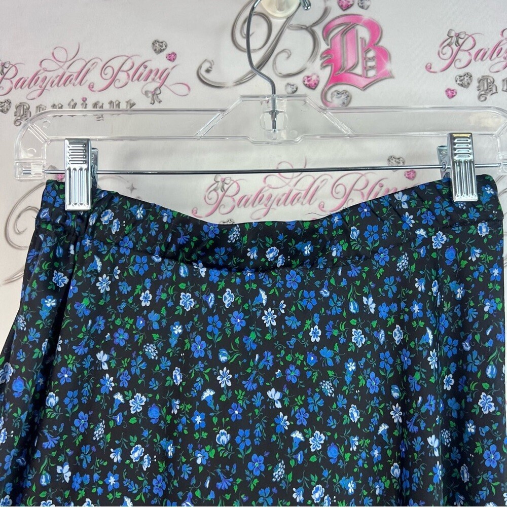 Zara long maxi flowers black Floral Blue Skirt green lace trim bottom hem - Picture 8 of 13